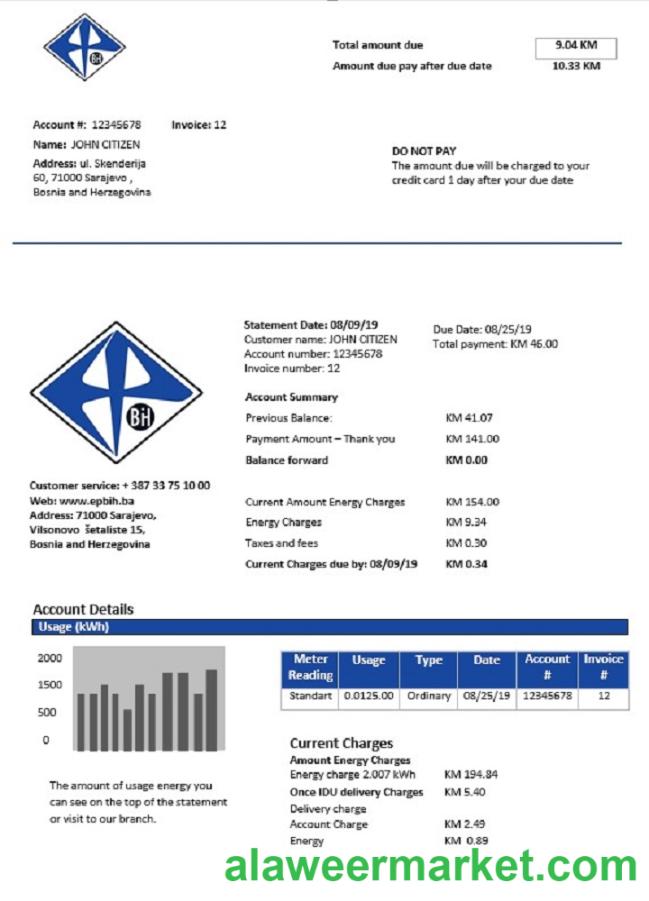 Bosnia and Herzegovina Elektroprivreda BiH electricity utility bill